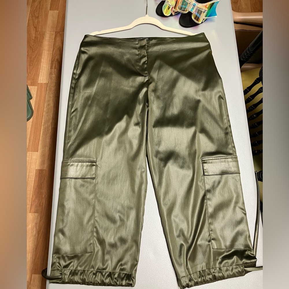 Willi Smith Olive Green Satin Cargo Pants